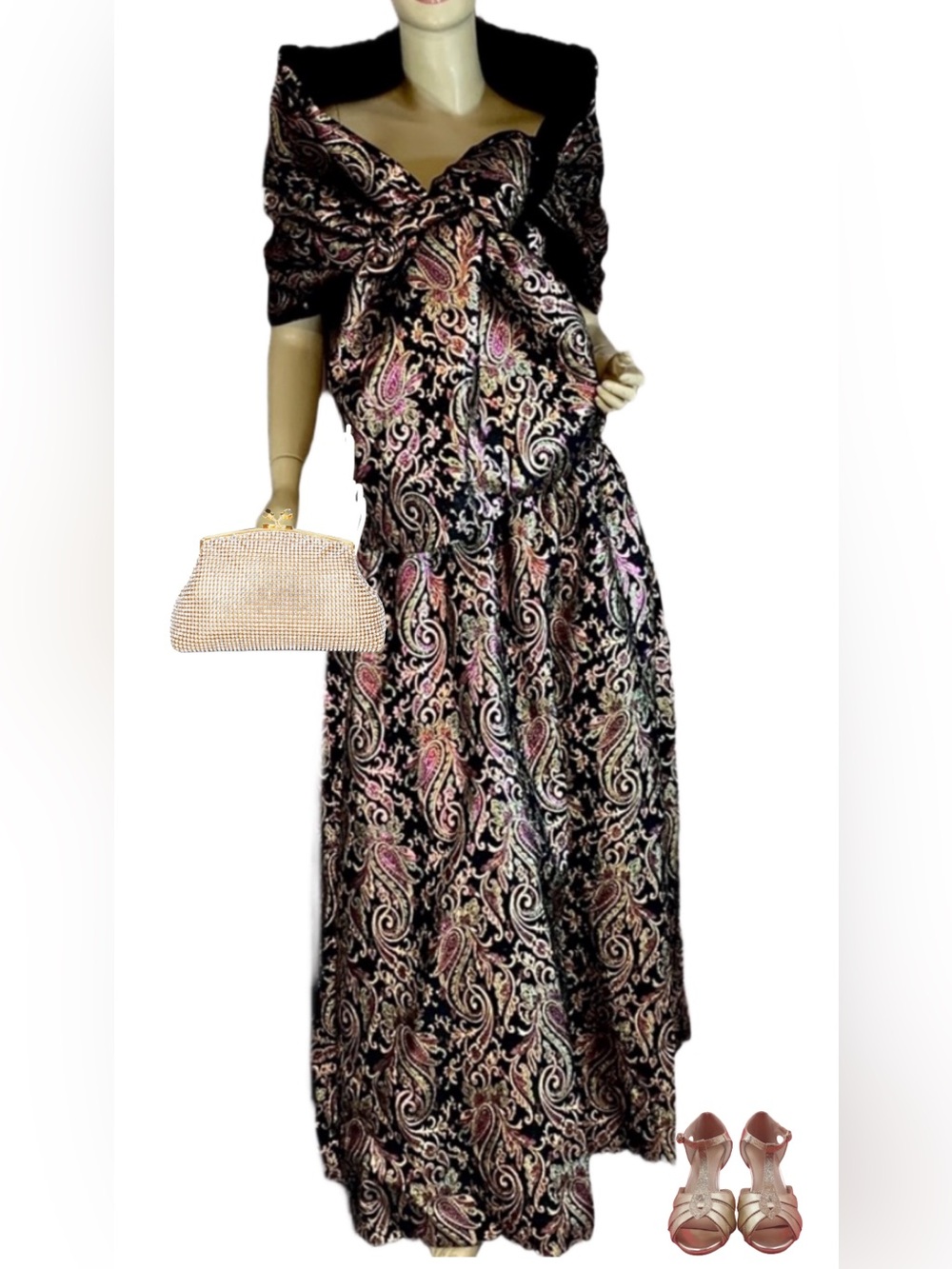 VINTAGE 1980'S VICTOR COSTA PINK, BLACK & GOLD METALLIC PRINT DRESS W/SHAWL (8)